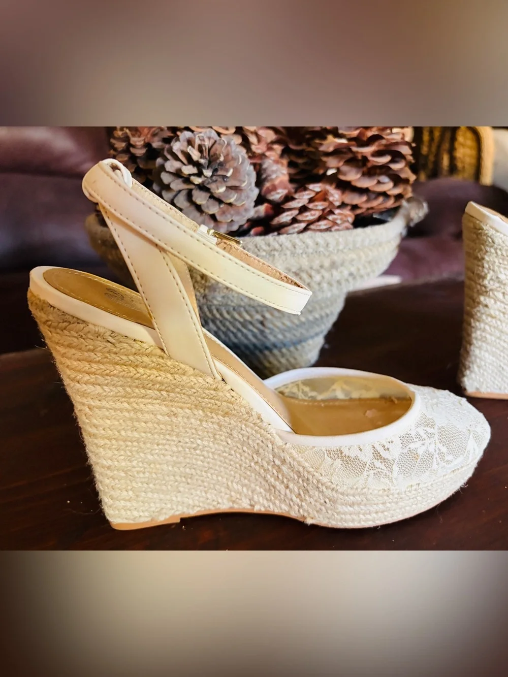 IVORY LACE ESPADRILLES WOVEN 5” HEEL 1” PLATFORM ANKLE STRAPS BEAUTIFUL SIZE 7B